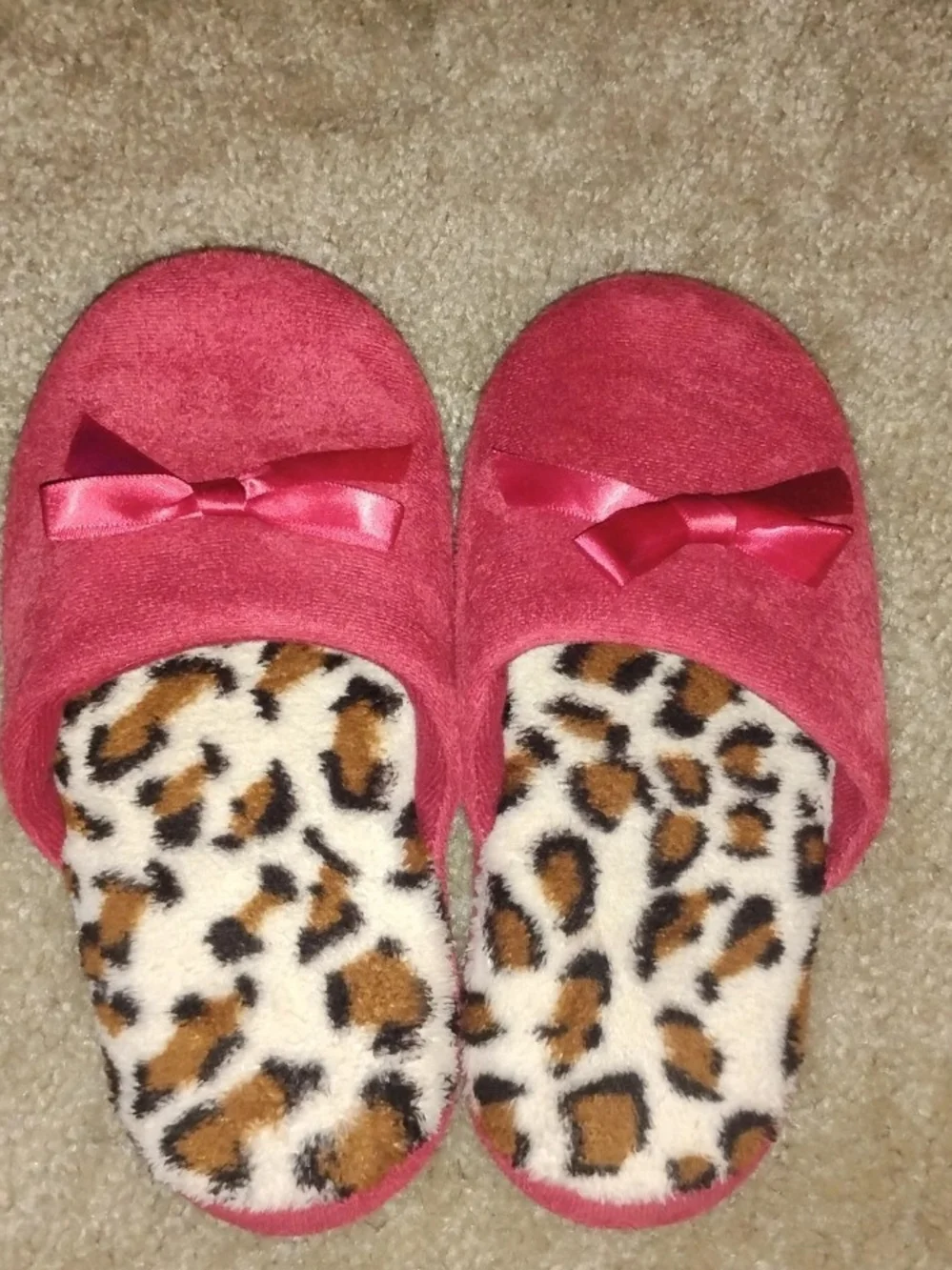 Girls' Pink Bow Leopard-Print Slip-On Slippers